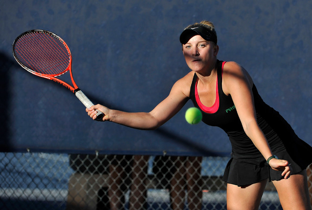 Palo Verde’s Chloe Henderson eyes the ball against Palo Verde’s Isabella Shelton ...