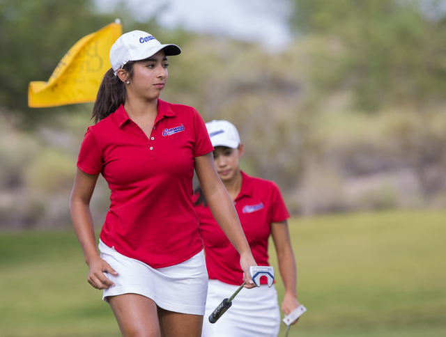 Coronado golfer Victoria Estrada walks the course during the Cougars match with Boulder City ...