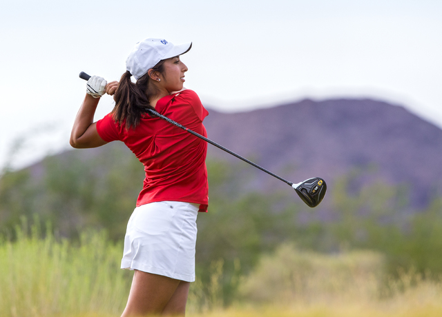 Coronado golfer Victoria Estrada tees off during the Cougars match with Boulder City on Mond ...