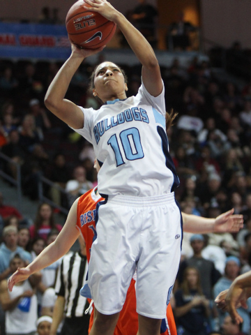 Centennial guard Jayden Eggleston lays in two points against Bishop Gorman during their Divi ...