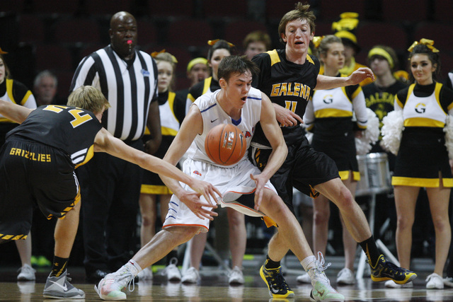 Galena forward Zach Williams knocks the ball out of the hands of Bishop Gorman center Stephe ...