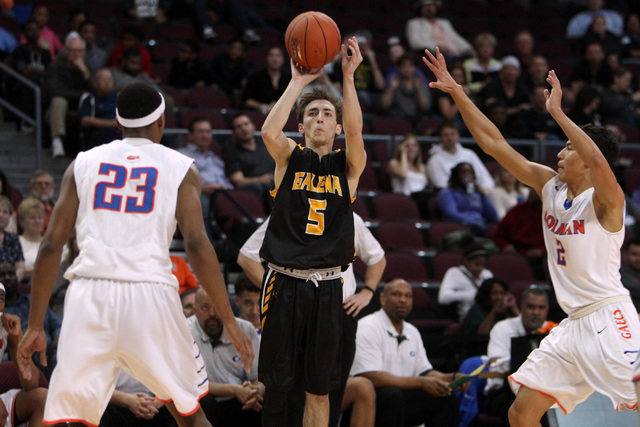 Galena guard Jared Ford takes a 3-point shot over Bishop Gorman forward Nick Blair during th ...