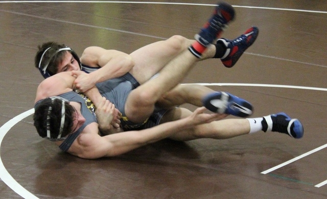 Shadow Ridge senior Uziel D’Mattus works a tilt against Bonanza’s Dylan Orchard ...