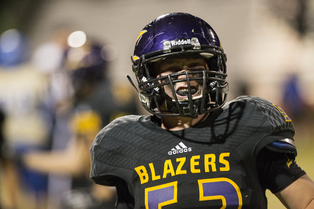 Durango defender Brent Gray (52) celebrates after a Sierra Vista turnover on Friday, Oct. 2 ...