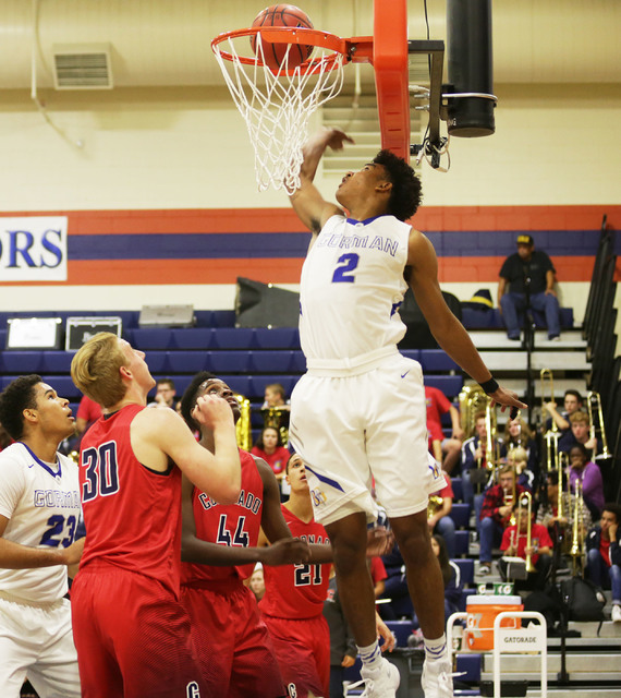 Bishop Gorman’s shooting guard Jamal Bey (2) takes a shot against Coronado during a b ...