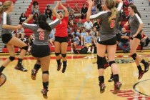 rbor View players celebrate a point Wednesday night against Centennial. The Aggies defeated ...