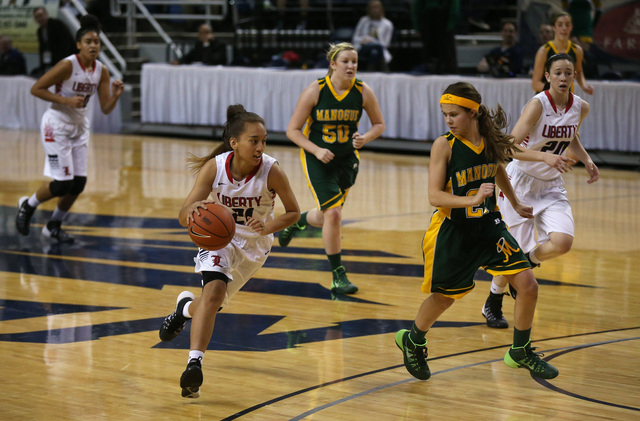 Liberty’s Kaily Kaimikaua brings the ball up the court against Bishop Manogue on Thurs ...