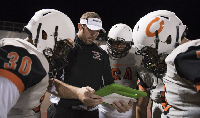 Chaparral football players huddle during a game at Del Sol in Las Vegas, Friday, Sept. 23, 2 ...