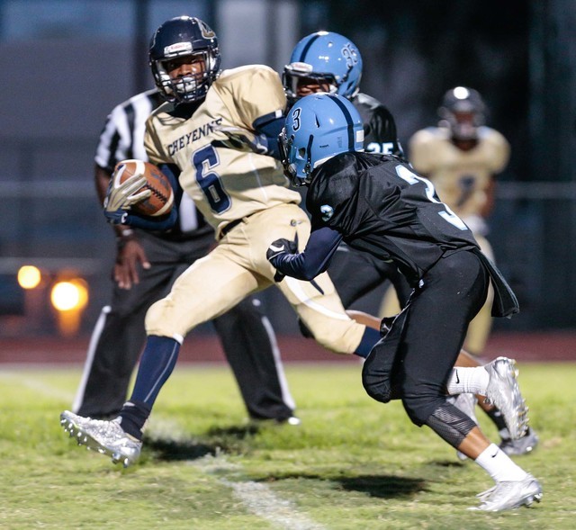 Cheyenne senior Corwin Bush (6) makes his way over the goal line following closely by Canyon ...