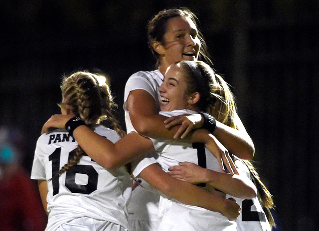 Palo Verde’s Macee Barlow (16), Gia Barone (13), Jadyn Nogues and Sloan Nelson celebra ...