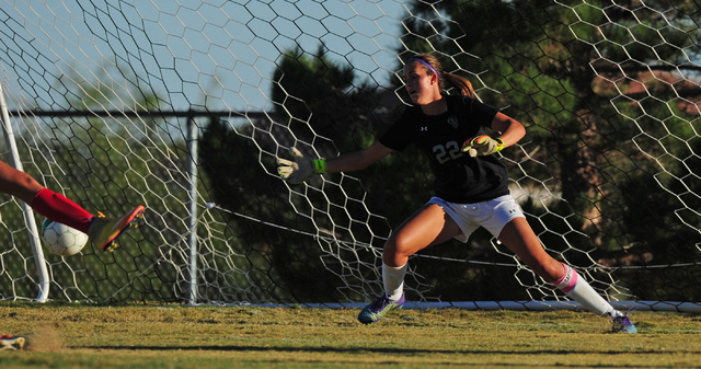 Arbor View goalkeeper Haylee Niemann is unable to save a Palo Verde goal during their prep s ...