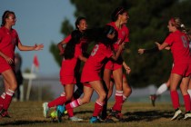 Arbor View players celebrate a goal against Palo Verde during their prep soccer game at Palo ...