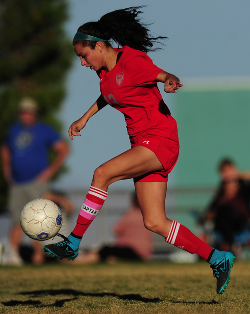 Arbor View midfielder Melanie Ara forwards the ball against Palo Verde during their prep soc ...