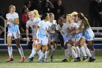 Bishop Gorman players celebrate a goal against Desert Oasis during their prep soccer game at ...