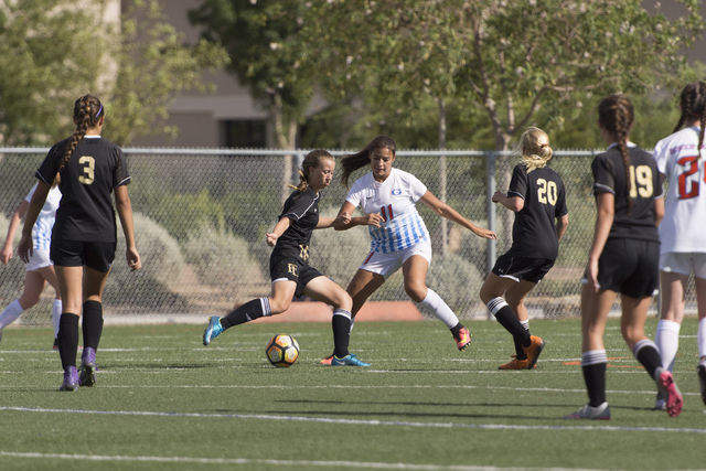 Faith Lutheran and Bishop Gorman play a girls soccer game at Bishop Gorman in Las Vegas, Thu ...