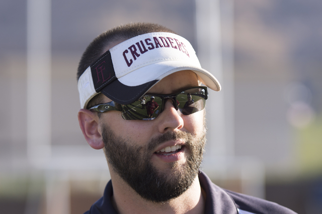 Faith Lutheran’s girls soccer coach Stephen Morrill speaks with a reporter following a ...