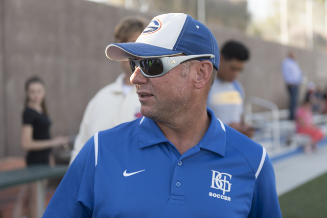 Bishop Gorman’s girls soccer coach Doug Borgel speaks with a reporter following a game ...