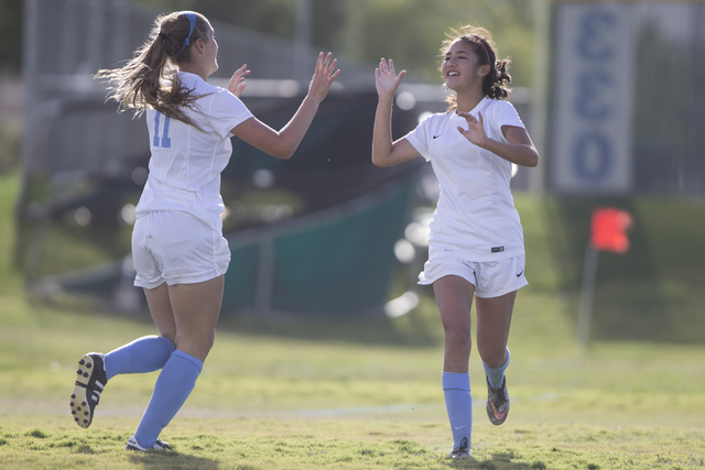 Foothill’s Rachel Lentz (9), right, celebrates her goal against Silverado after an ass ...