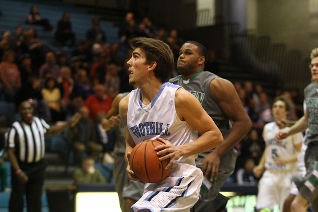 Foothill’s Ian Ellis (23) looks to shoot against Green Valley in the Sunrise Region qu ...