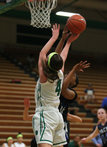 Green Valley’s Ellee Barton (4) shoots over Basic’s Jayla Brown on Tueseday. Bar ...