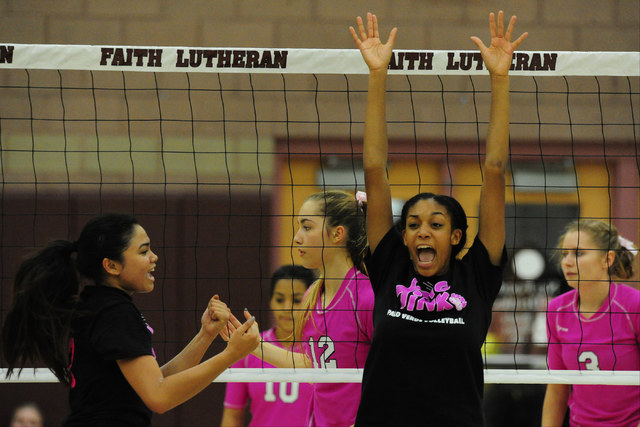 Palo Verde’s Jacquelyn Fields, center, celebrates their set win over Faith Lutheran du ...