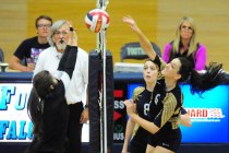 Foothill’s McKenzie Youngman, right, spikes the ball against Palo Verde’s Riley ...