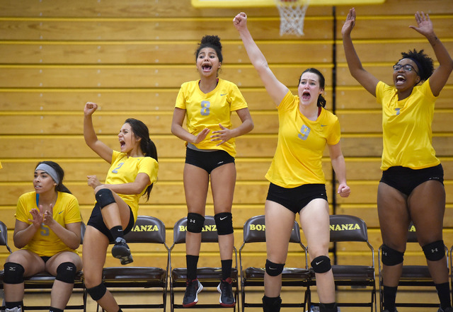 The Bonanza bench cheer after scoring a point against Sierra Vista during a high school voll ...