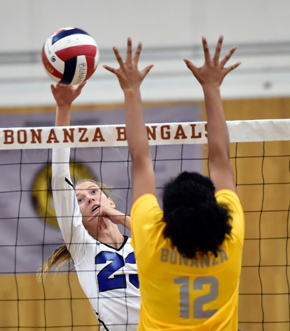 Sierra Vista’s Anica Kruyer (23) hits the ball against Bonanza’s Zhanna Colin du ...