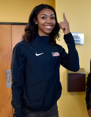 Bishop Gorman high jumper Vashti Cunningham gestures after a news conference at Remnant Mini ...