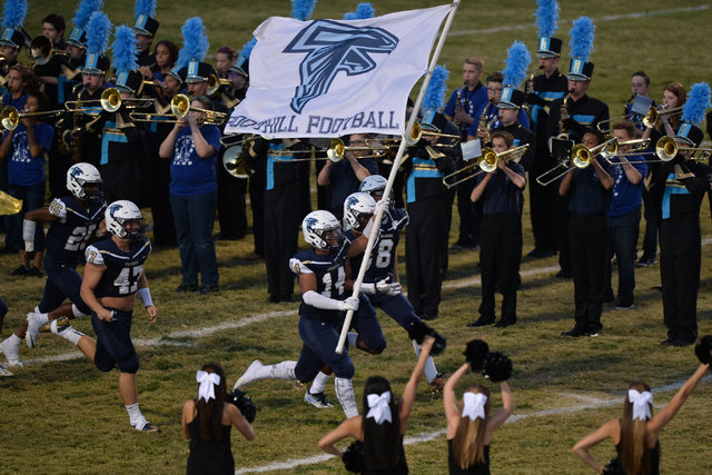 The Foothill Falcons run onto the field during the Foothill High School Palo Verde High Scho ...