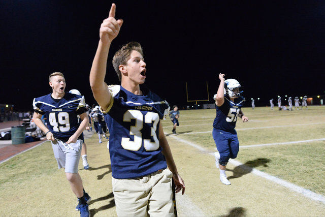 Jacob Wolf (33) reacts to Foothill High School recovering a fumble to beat Palo Verde High ...