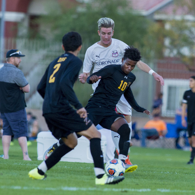 Durango’s Tyson Tesfamariam (10) kicks the ball against Coronado at the Bettye Wilson ...