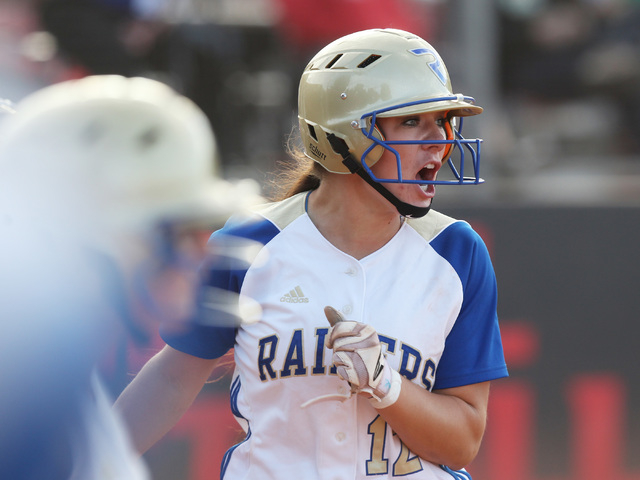 Reed’s Kenzi Goins celebrates scoring the first run against Palo Verde during their Di ...