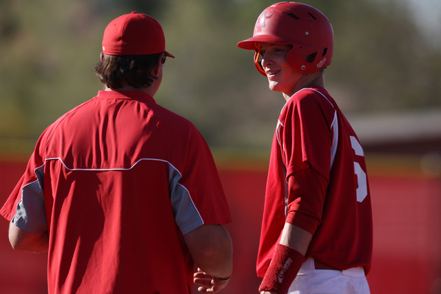 Arbor View’s Wyatte Velasco smiles after singling against Sylmar during their game Mo ...