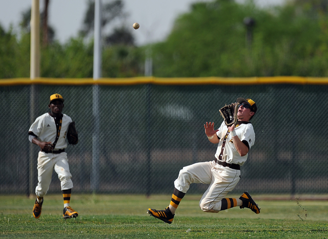 Bonanza right fielder Chris Dunn makes a sliding catch in the fifth inning of their prep bas ...