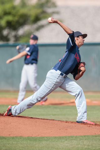 Liberty High School senior Bailey Daguio (4) warms up during a baseball game at the Silverad ...