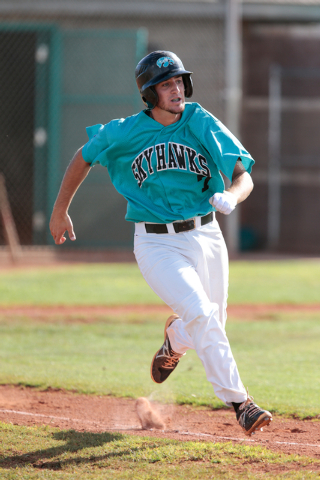 Silverado junior James Skelly (7) runs towards first base after making a hit during a baseba ...