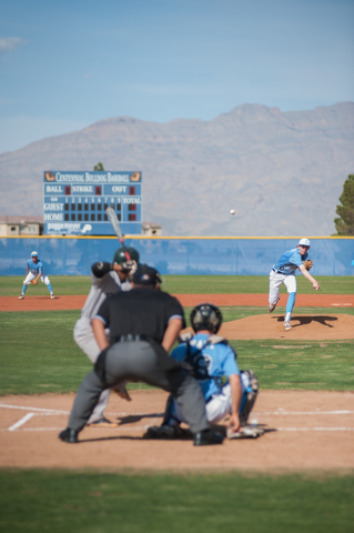 Centennial senior James Harbour delivers a pitch against Rancho on Friday. Harbour allowed f ...