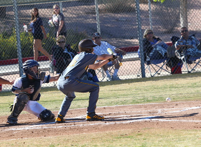 Bonanza’s Levi Klump bunts the ball against Foothill during a baseball game at Foothil ...