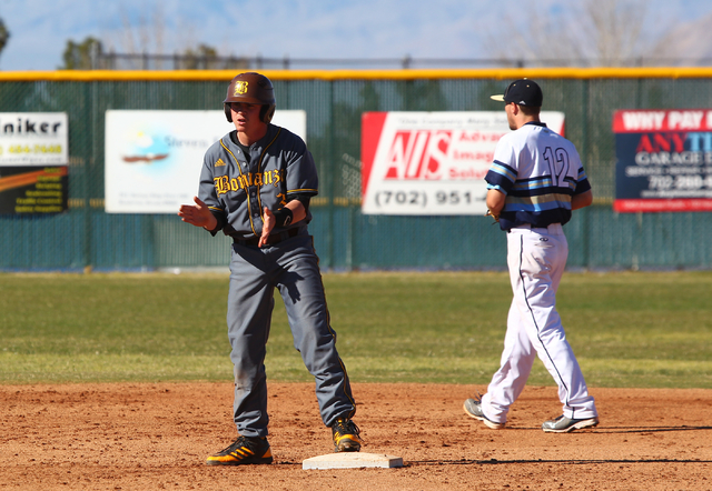 Bonanza’s Eric Schultz (3) celebrates after making it to second base while playing aga ...