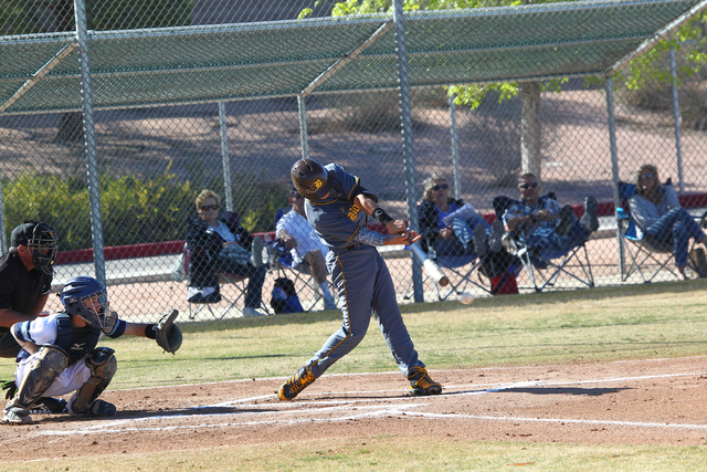 Bonanza’s Micah Higa hits the ball against Foothill during a baseball game at Foothill ...