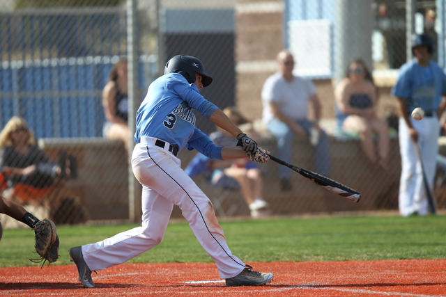 Centennial’s Zach Dixon (3) makes contact with the ball in their baseball game against ...