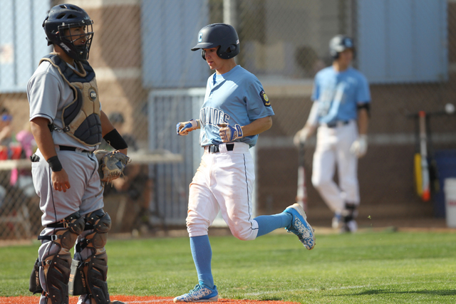 Centennial’s Tanner Wright (11) runs home for a run in their baseball game against Leg ...