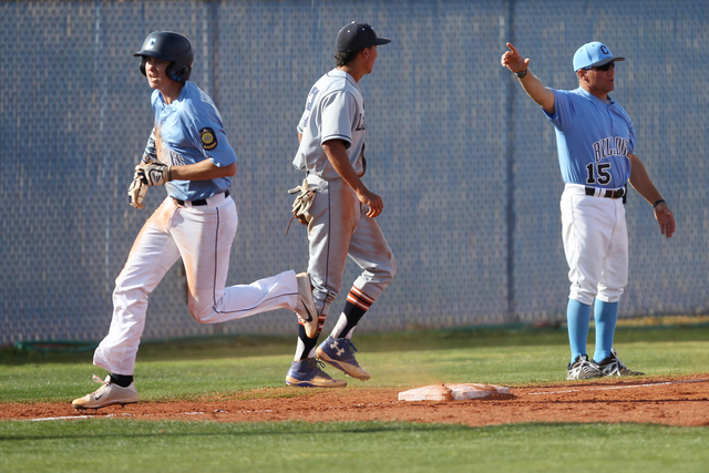 Centennial’s Kyle Horton (34) runs home for a run in their baseball game against Legac ...