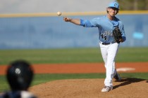 Centennial’s pitcher Jordon Wyke (44) pitches against Legacy at Centennial High School ...