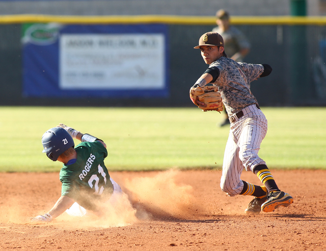 Bonanza’s Cruz Nevarez (2) looks to to turn a double play after forcing Green Valley&# ...