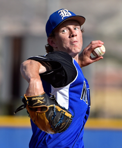 Basic left-handed pitcher Tanner Roundy delivers the ball against Green Valley during a high ...