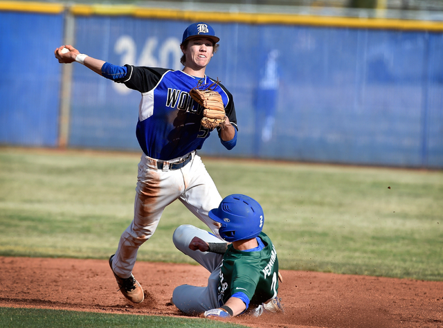 Basic’s David Hudleson fires the ball to first base making a double play against Green ...