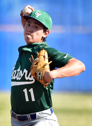 Green Valley pitcher Blake Inouye fires the ball against Basic during a high school baseball ...