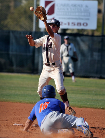 Bishop Gorman’s Michael Blasko slides safely into second base with Cimarron-Memorial&# ...